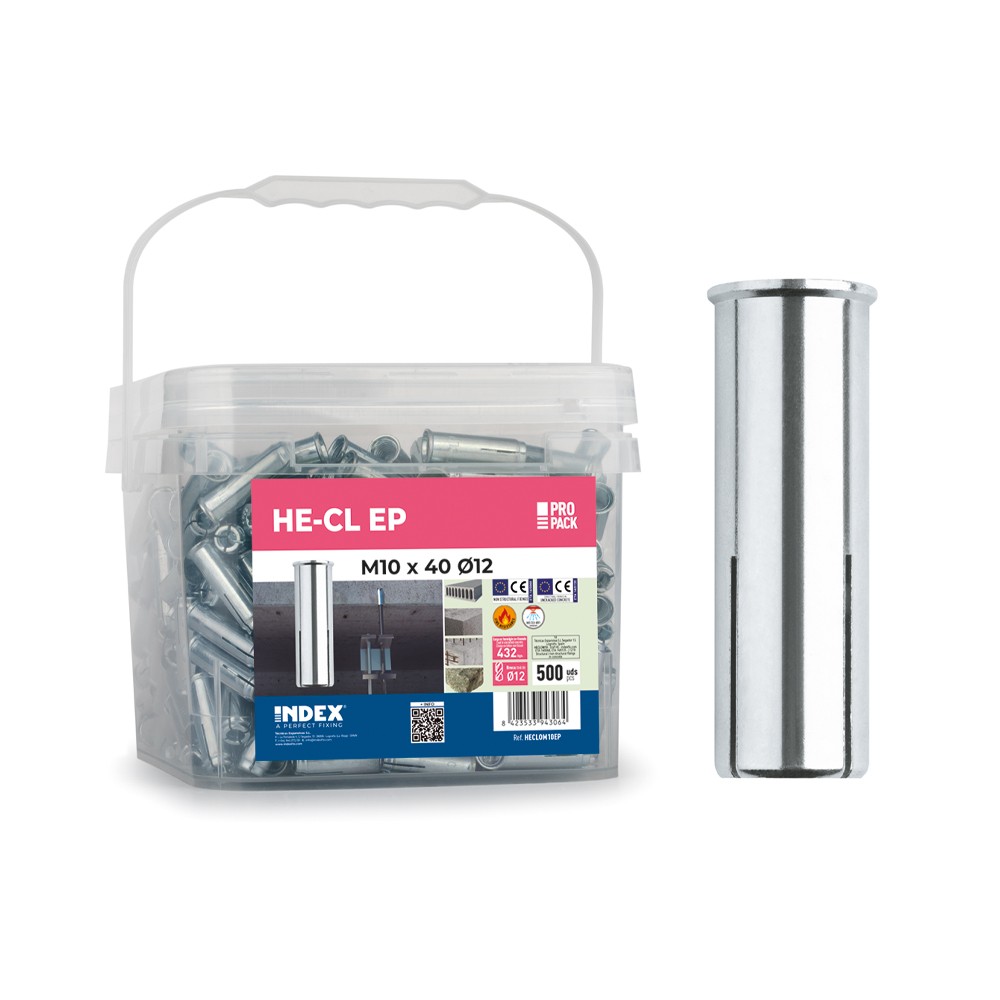 HE-CL EP [CP] Anclaje hembra con cono interior para grandes cargas. Con collarín. Zincado. Homologado ETE Opt.7 y para aplicaciones no estructurales. Bote de plástico